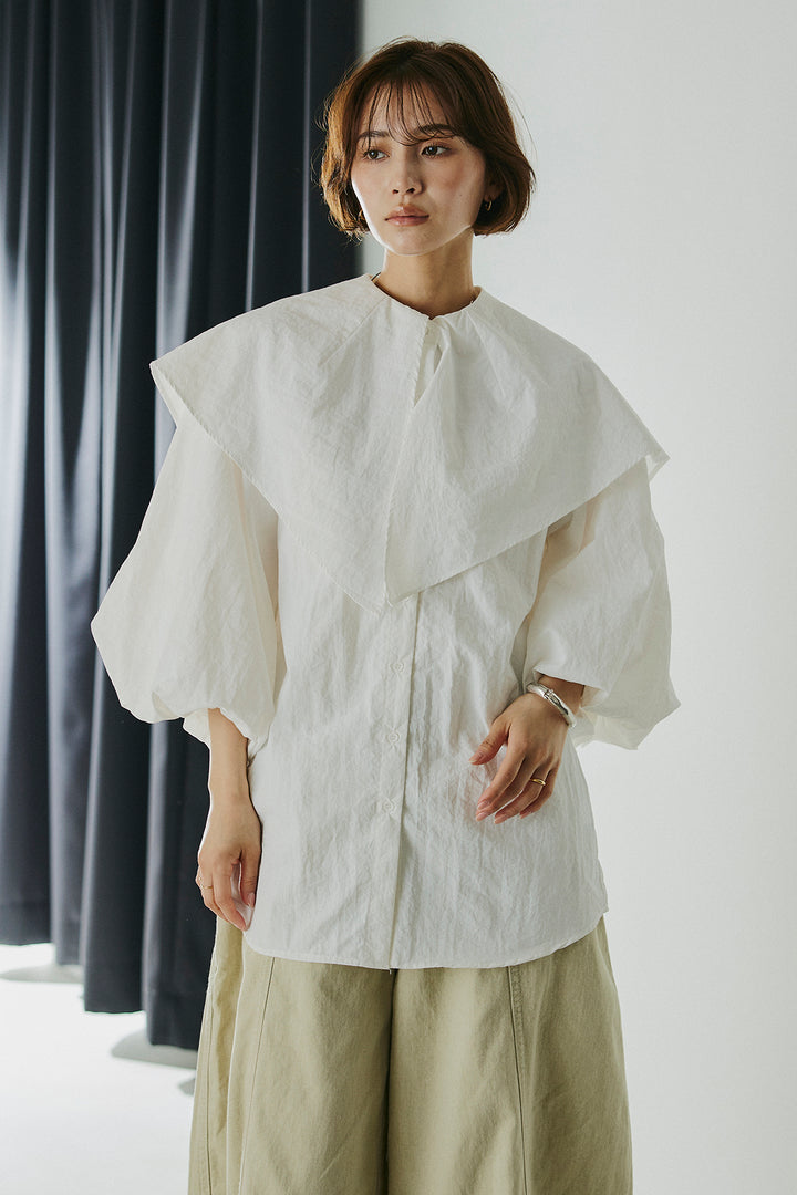 [SET]ケープカラーナイロンブラウス+配色ショルダーデニムサロペットスカート(2set)