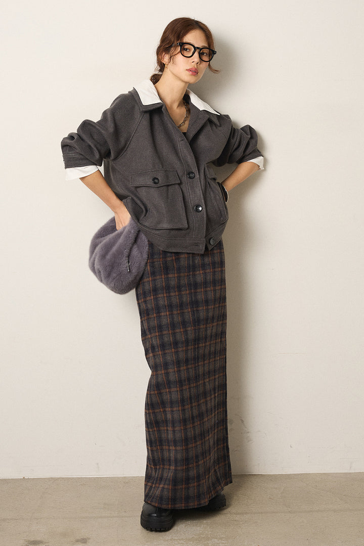 [SET]衿レイヤードフェイクウールジャケット+シャギーチェックストレートスカート(2set)