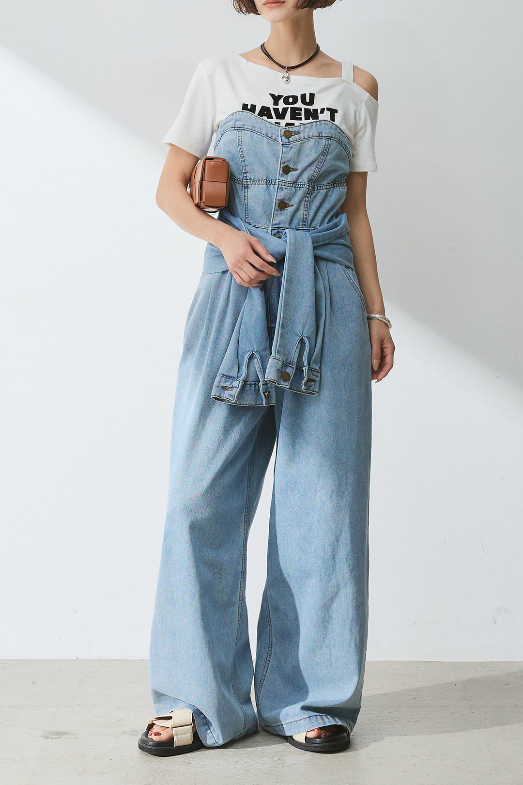 [SET]テキストロゴワンショルTシャツ+2WAYデニムベアサロペット(2set)