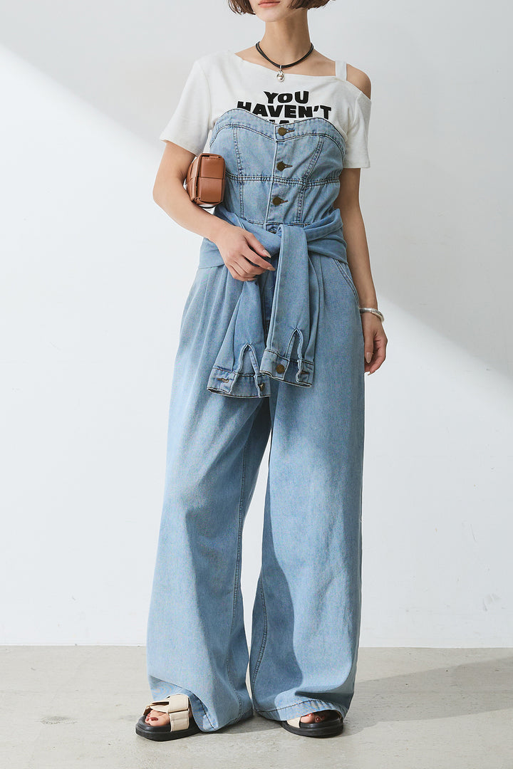 [SET]テキストロゴワンショルTシャツ+2WAYデニムベアサロペット(2set)