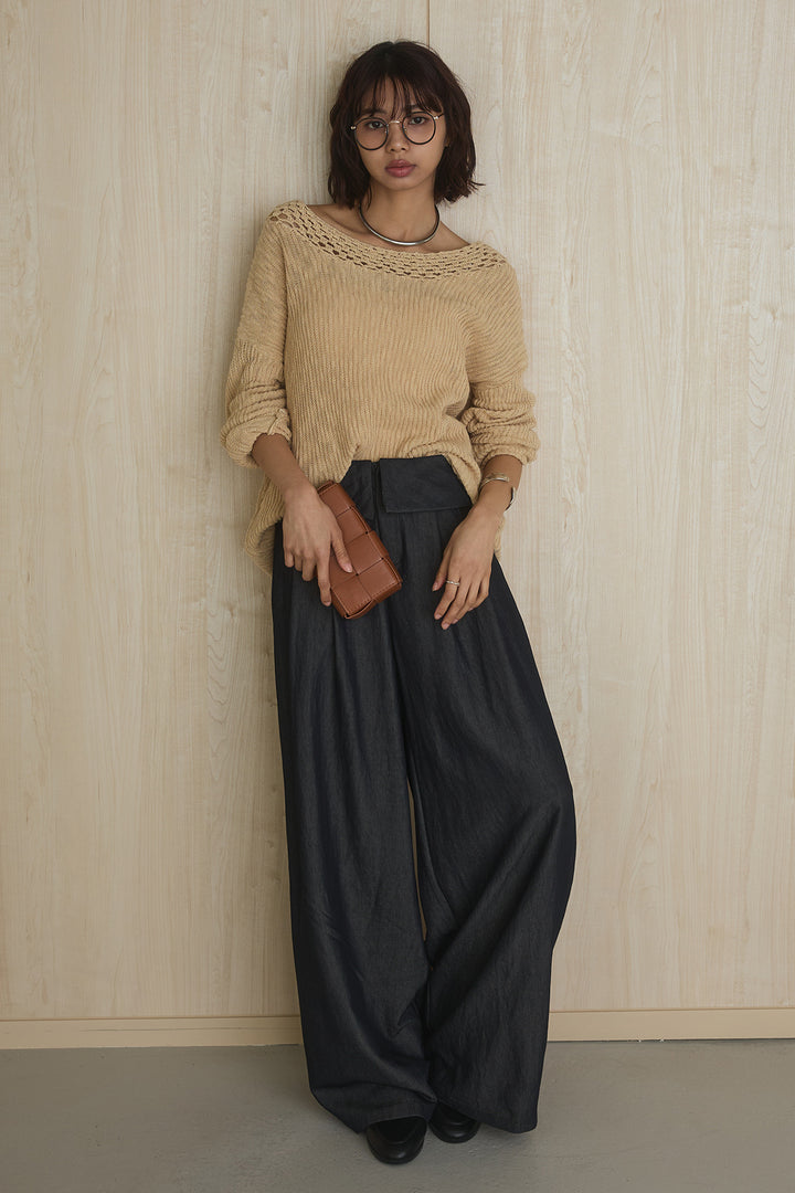 [SET]ネック編みデザインニットトップス+ウエスト折り返しワイドパンツ(2set)