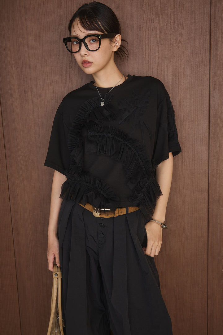 [SET]チュールモチーフデザインTシャツ+ボタンデザインニーサイドタックパンツ(2set)