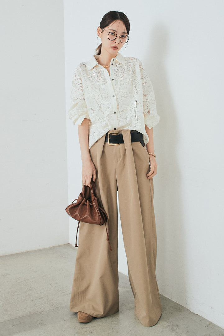 [SET]レース裾スカラップシャツ+ベルトループデザインハイウエストタックパンツ(2set)