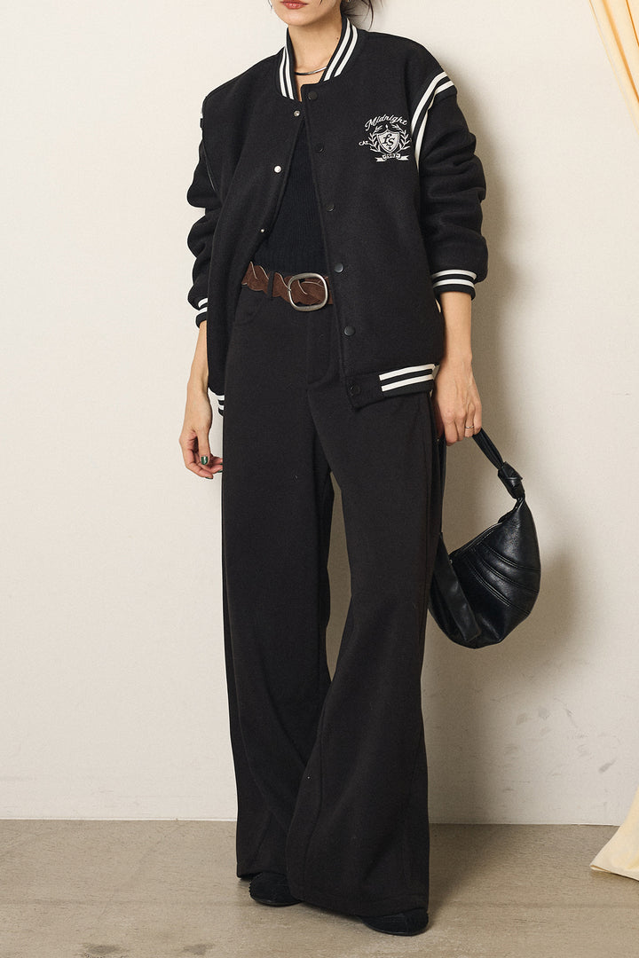 [SET]ワンポイントデザインブルゾン+編みベルト付きワイドパンツ(2set)