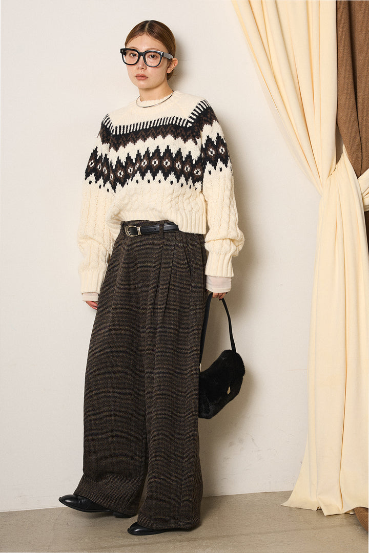 [SET]2WAY求心柄ジャガードショートカーディガン+起毛タック入りツイードワイドパンツ+2WAY袖コード刺繍クルーネックプルオーバー(3set)