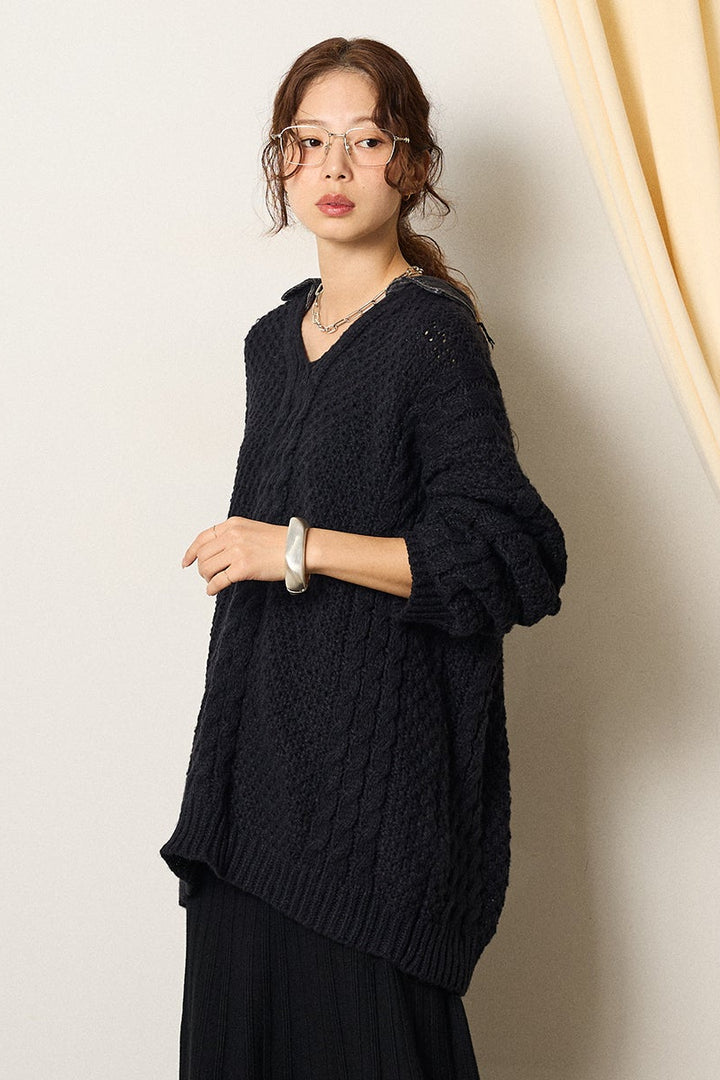 [SET]デニムカラーケーブルオーバーニット+編み地切り替えフレアニットスカート(2set)