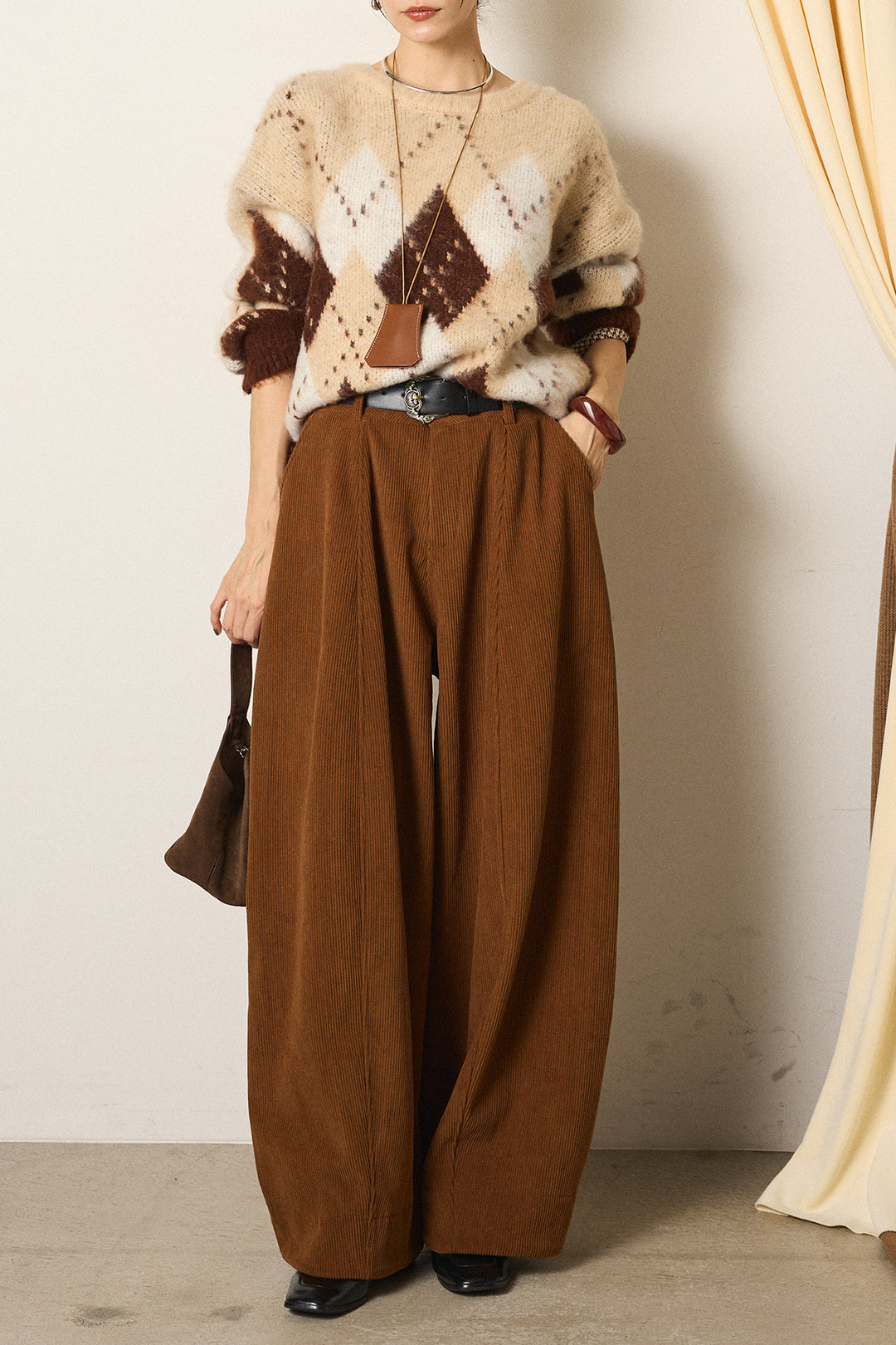 [SET]配色アーガイル柄ニットトップス+ベルト付きコーデュロイワイドパンツ(2set)
