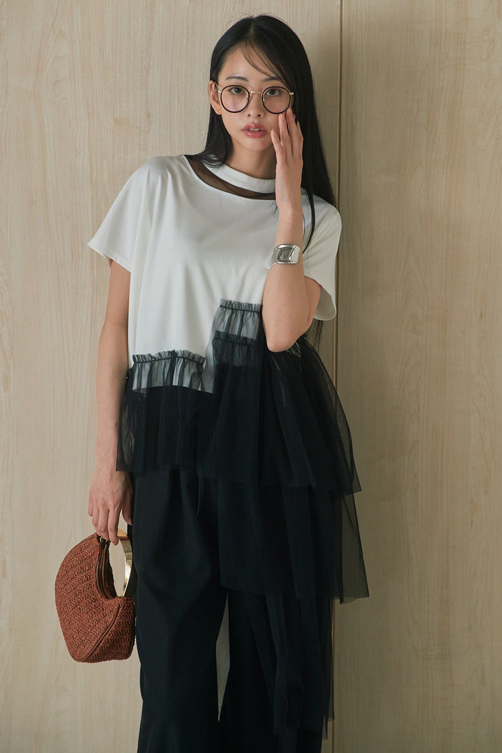 [SET]アシンメトリーチュールフリルTシャツ+ウエストデザインタックワイドパンツ(2set)