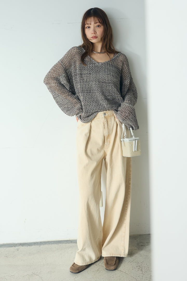 [SET]メッシュ編みビスチェセットVネックプルオーバー+カラーデニムタックカーブパンツ(2set)