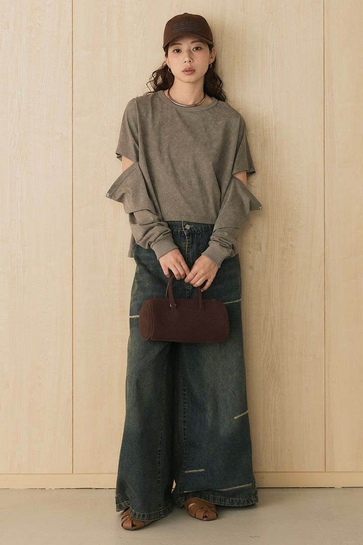 [SET]セパレートフェードTシャツ+ランダムダメージデニムワイドパンツ(2set)