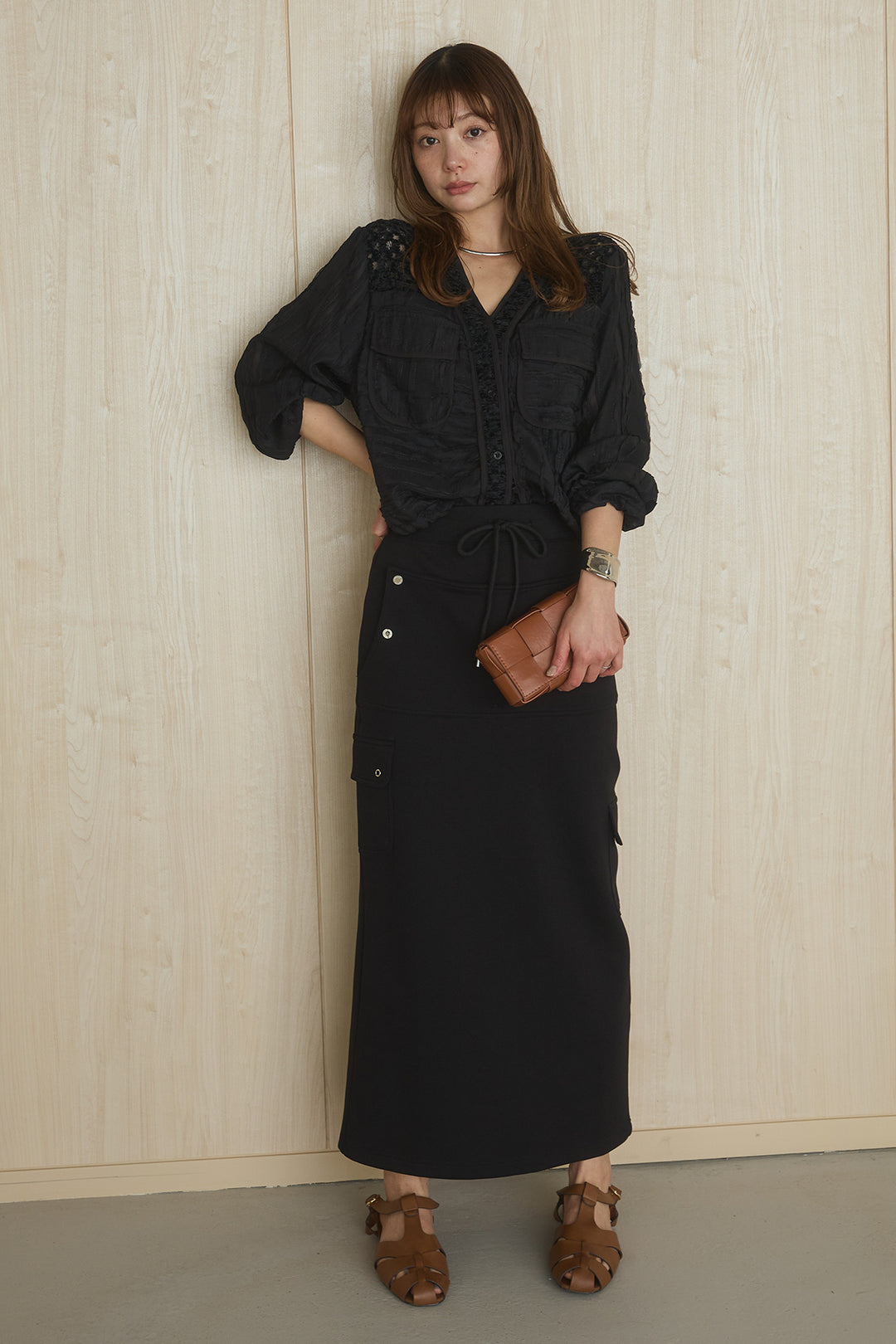 [SET]異素材切替シアーメッシュカーディガン+ドットボタン付きカットタイトスカート(2set)