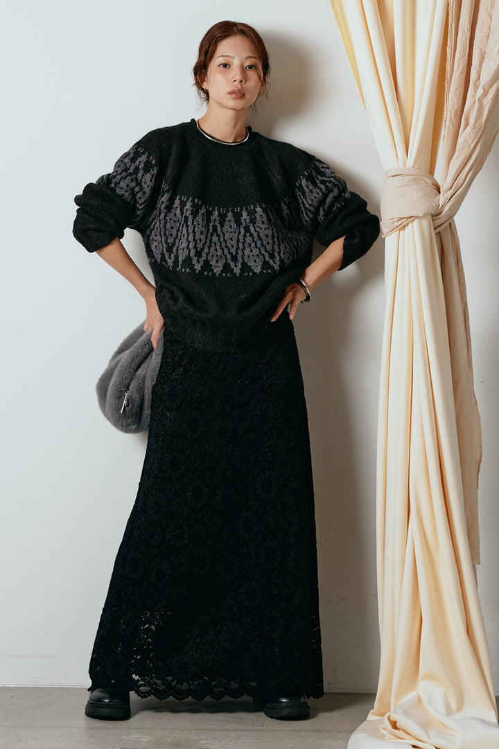 [SET]モノトーン柄ニットトップス+花柄刺繍ベロアフレアスカート(2set)