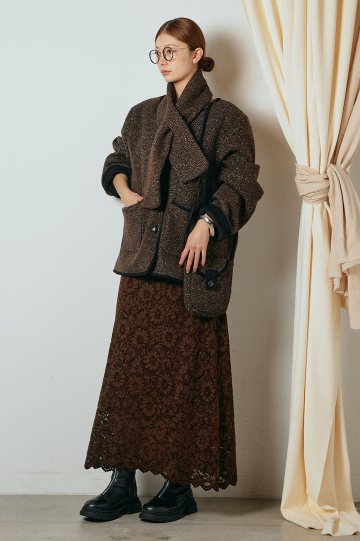 [SET]ノーカラーマフラーバッグ付きアウター+花柄刺繍ベロアフレアスカート(2set)