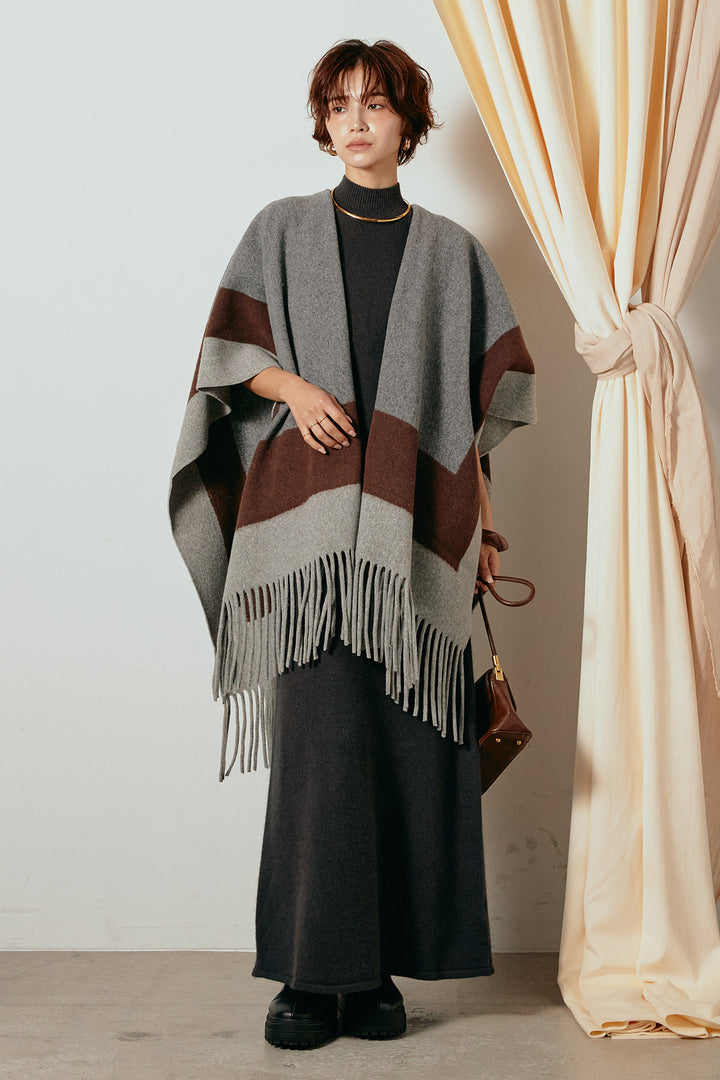 [SET]裾フリンジ柄ポンチョアウター+ノースリーブニットロングワンピース(2set)