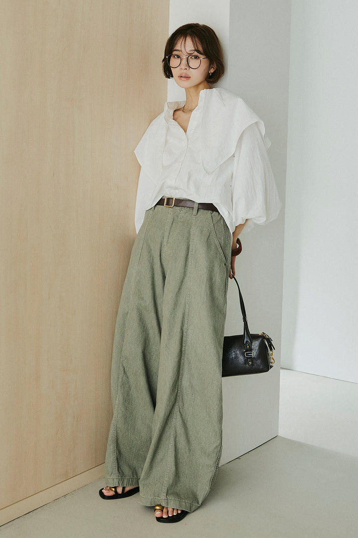 [SET]ケープカラーナイロンブラウス+サイドベルトカーブワイドパンツ(2set)