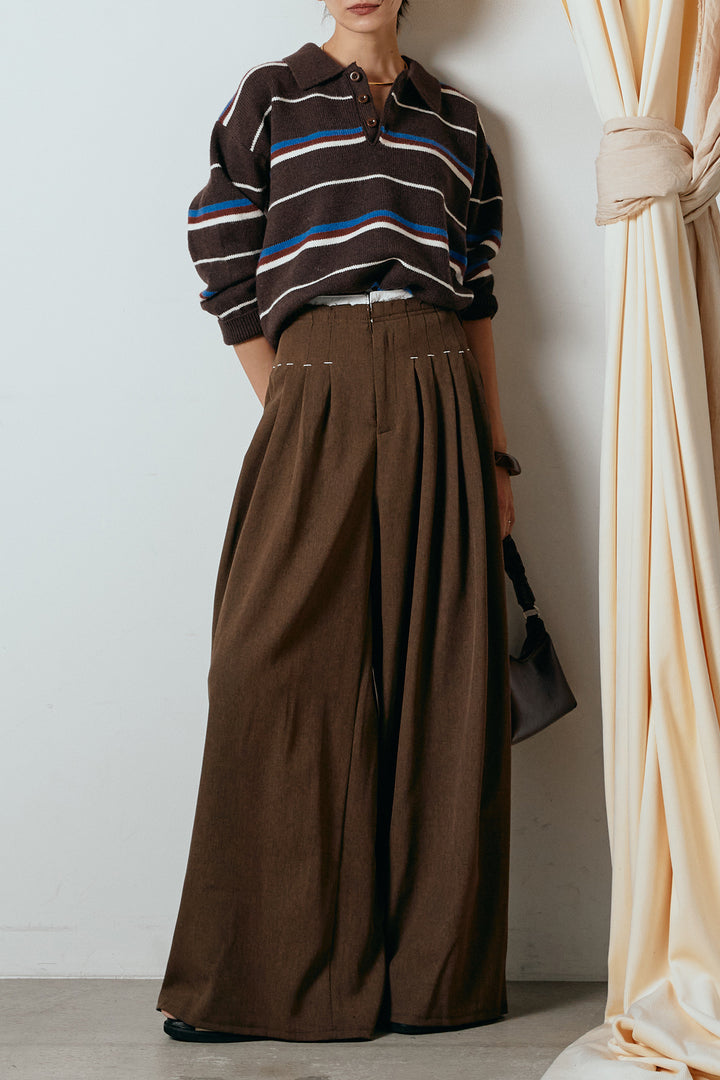 [SET]襟付きマルチボーダーニットポロトップス+ウエストステッチデザインワイドスラックス(2set)