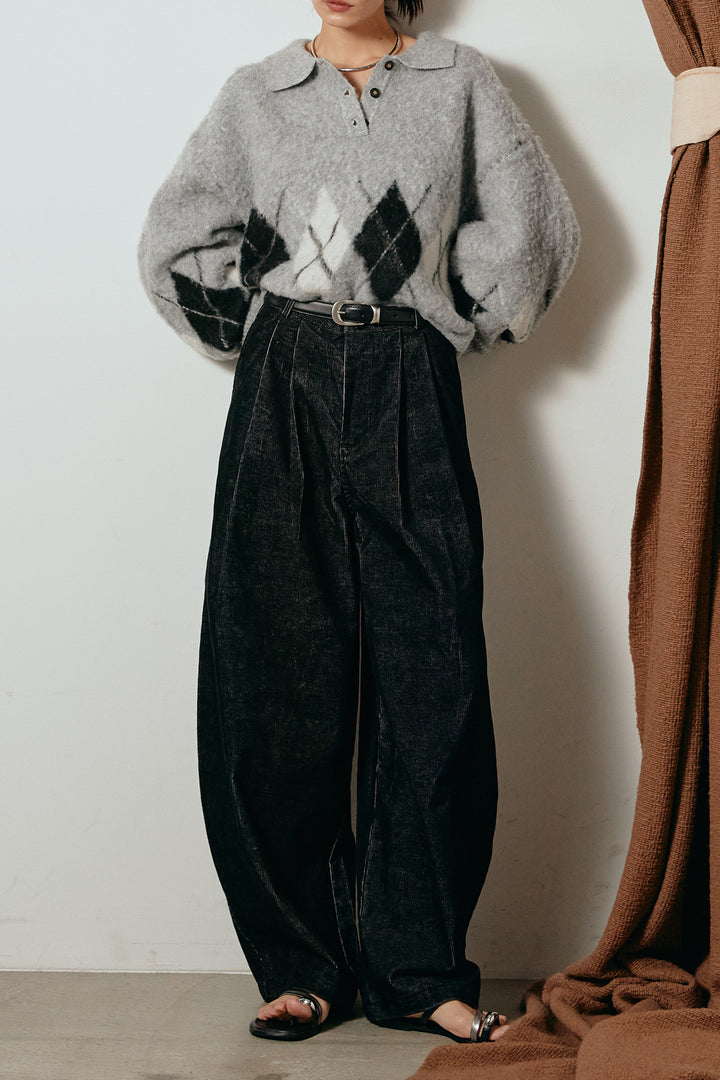 [SET]アーガイル柄ポロニットトップス+フロントタック入りコーデュロイパンツ(2set)