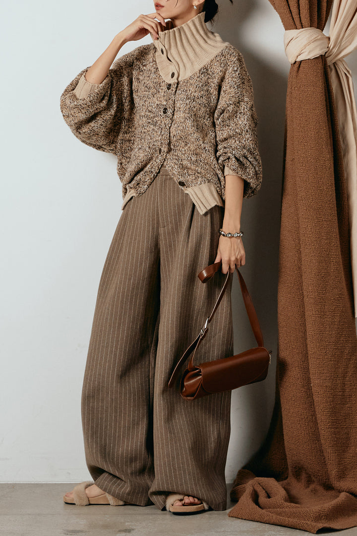 [SET]ハイネックミックスニットカーディガン+ウールライクストライプパンツ(2set)