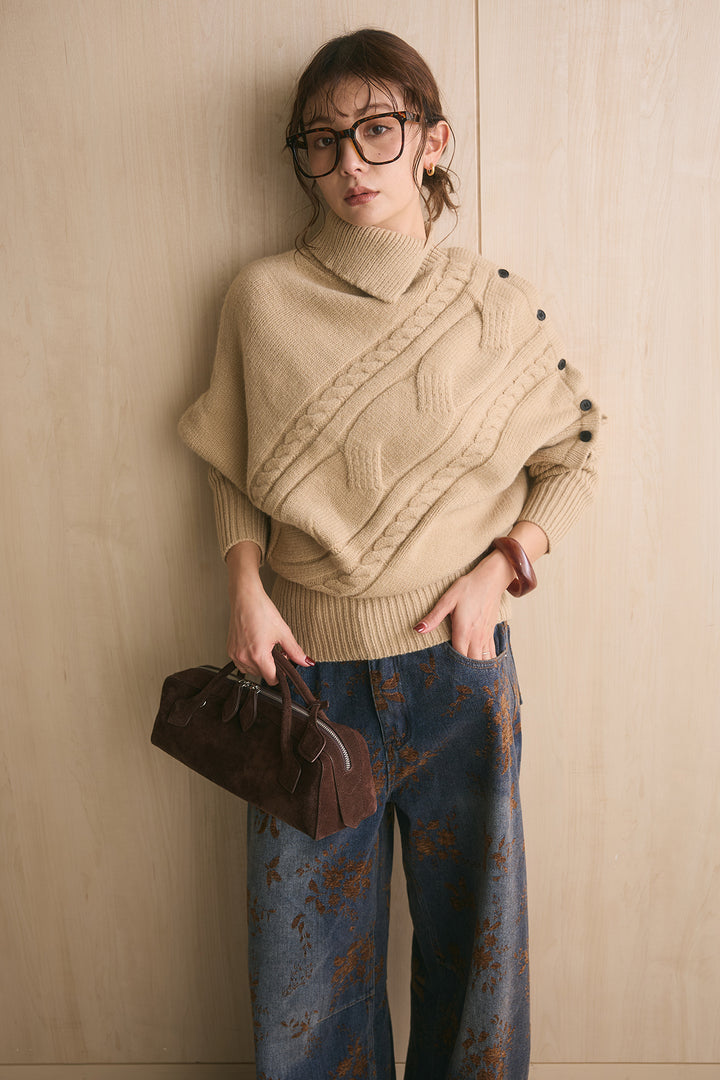 [SET]アシメカラーボタンケーブルニット+フラワーモチーフ刺繍カーブデニム(2set)