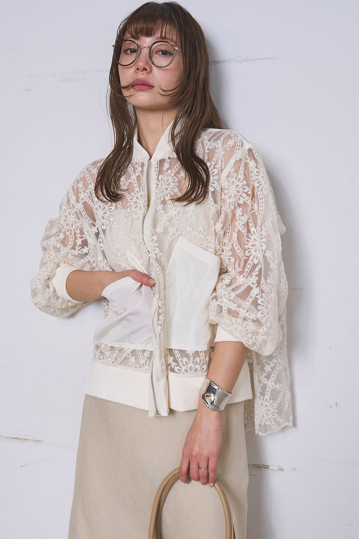 [SET]ノーカラーレースブルゾン+リネンブレンドロングナロースカート(2set)