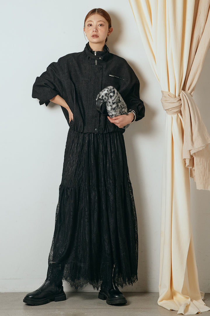 [SET]デニム調ハイネックブルゾン+ひげレース切替ロング丈スカート(2set)