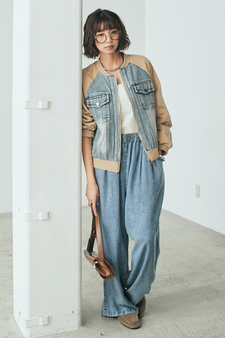 [SET]ナイロンデニムドッキングブルゾン+テンセルデニムイージーワイドパンツ(2set)