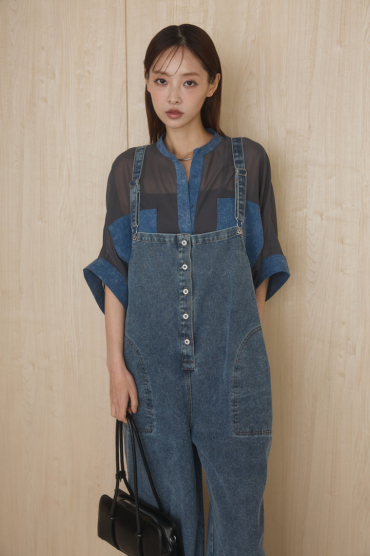 [SET]デニムライクビッグツーポケシアーシャツ+フロントボタンデニムサロペット(2set)