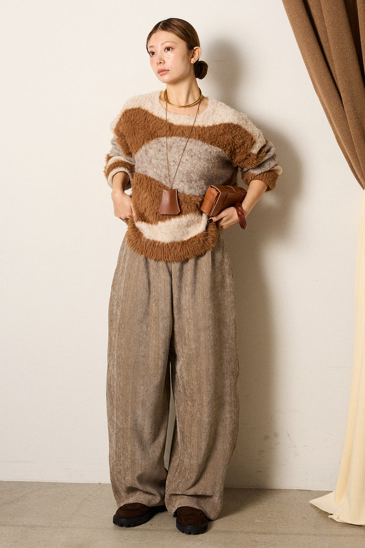 [SET]シャギーウェーブ柄クルーネックニットトップス+かすれデザインワイドパンツ(2set)