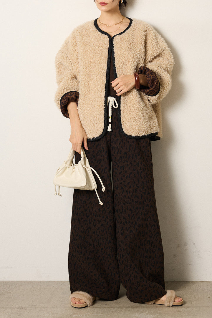 [SET]ノーカラー裏地レオパードボアアウター+レオパードジャガードニットパンツ(2set)