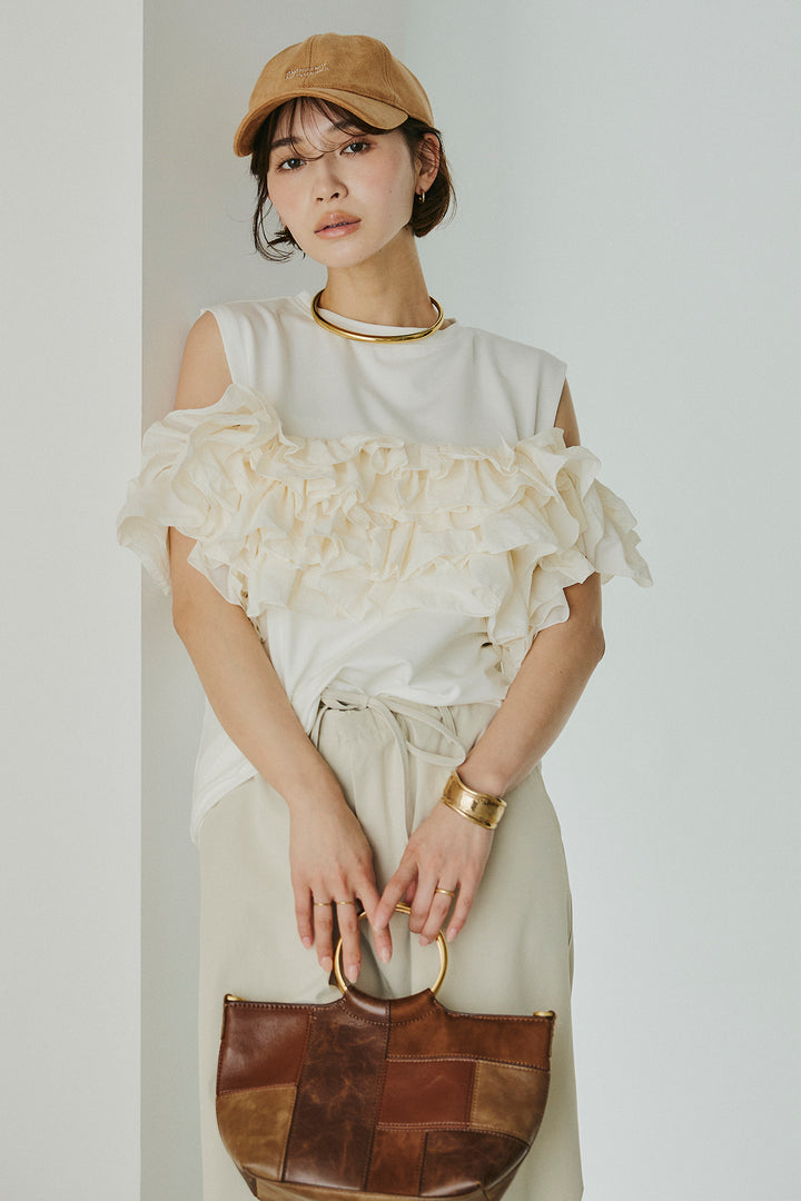 [SET]天竺ナイロンドッキングビスチェ風トップス+ニーサイドタックウエストドロスパンツ(2set)