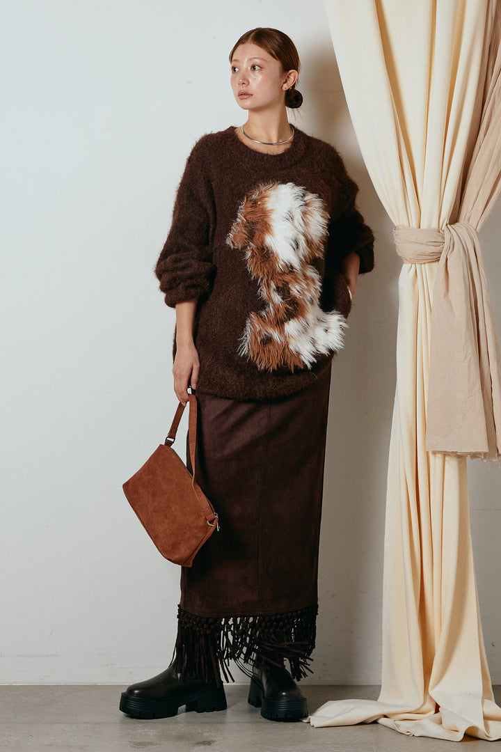 [SET]シャギーニュアンスアニマルニット+スウェードライク裾フリンジスカート(2set)