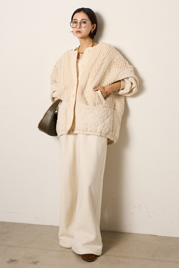 [SET]アラン編みニットノーカラー裾キルティングブルゾン+裏起毛スウェットワイドパンツ(2set)