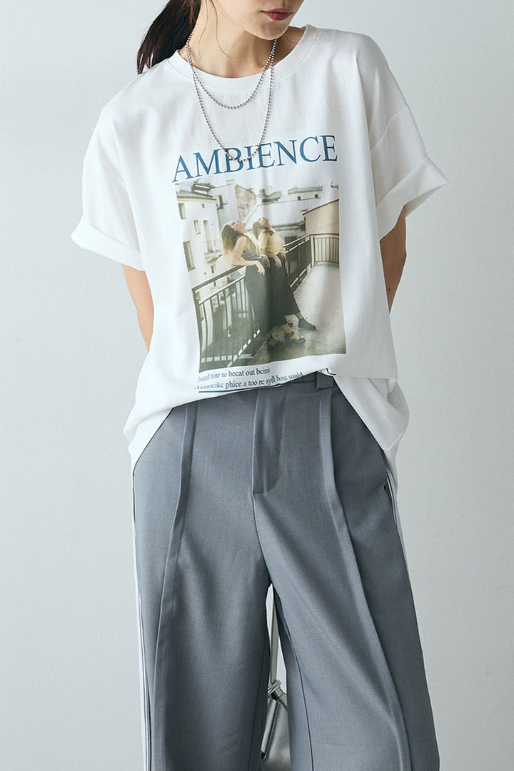 [SET]AMBIENCEフォトプリントTシャツ+サイドラインワイドスラックスパンツ(2set)