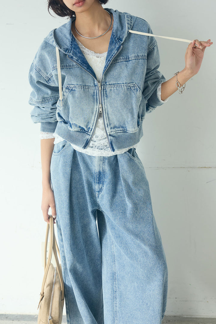 [SET]デニムダブルジップパーカーブルゾン+デニムタックカーブパンツ(2set)