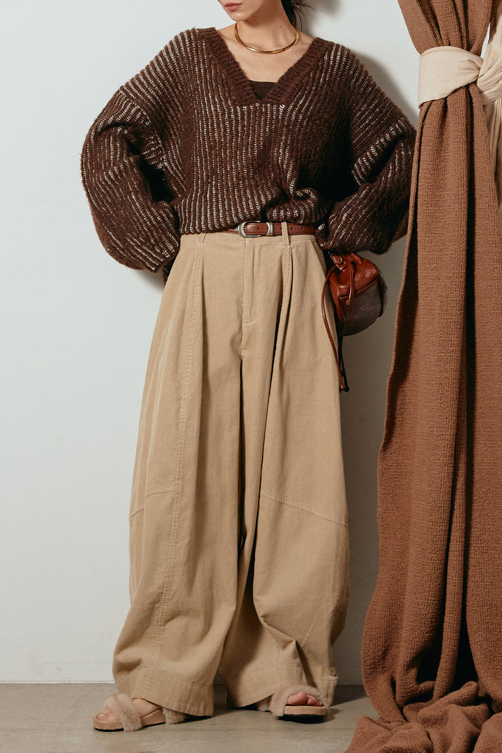 [SET]アルパカタッチ深Vニットトップス+タック入りコーデュロイワイドパンツ(2set)