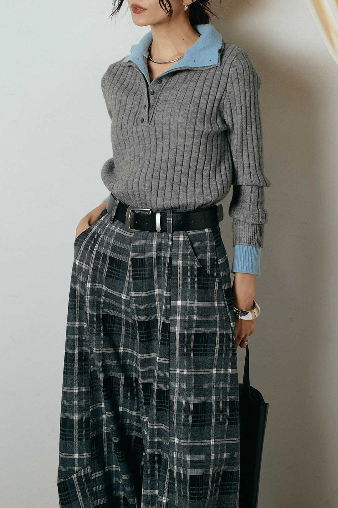[SET]レイヤード風リブニットトップス+ベルト付きタータンチェックカーブワイドパンツ(2set)