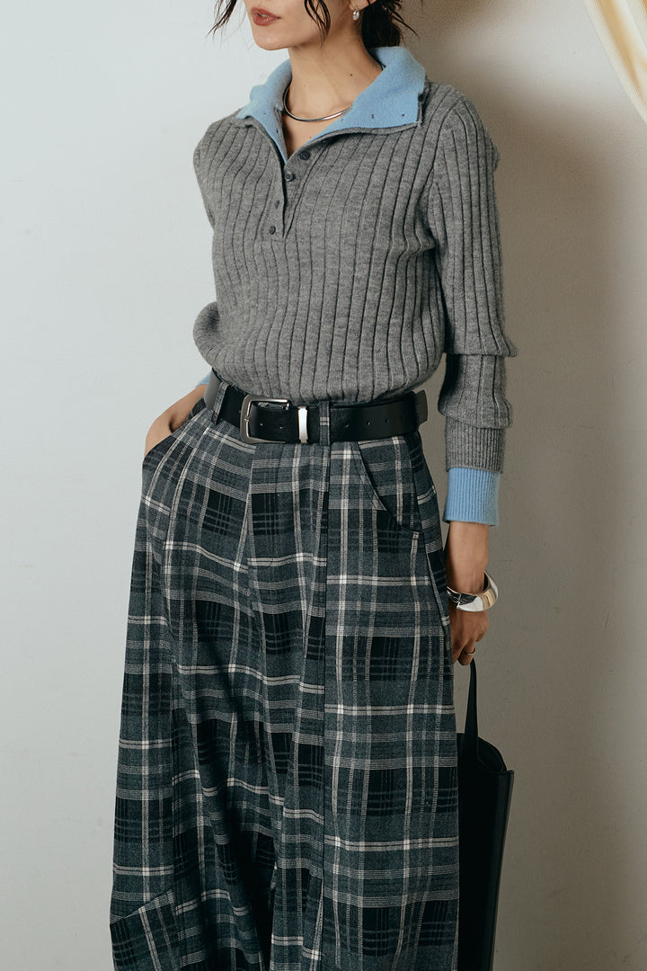 [SET]レイヤード風リブニットトップス+ベルト付きタータンチェックカーブワイドパンツ(2set)