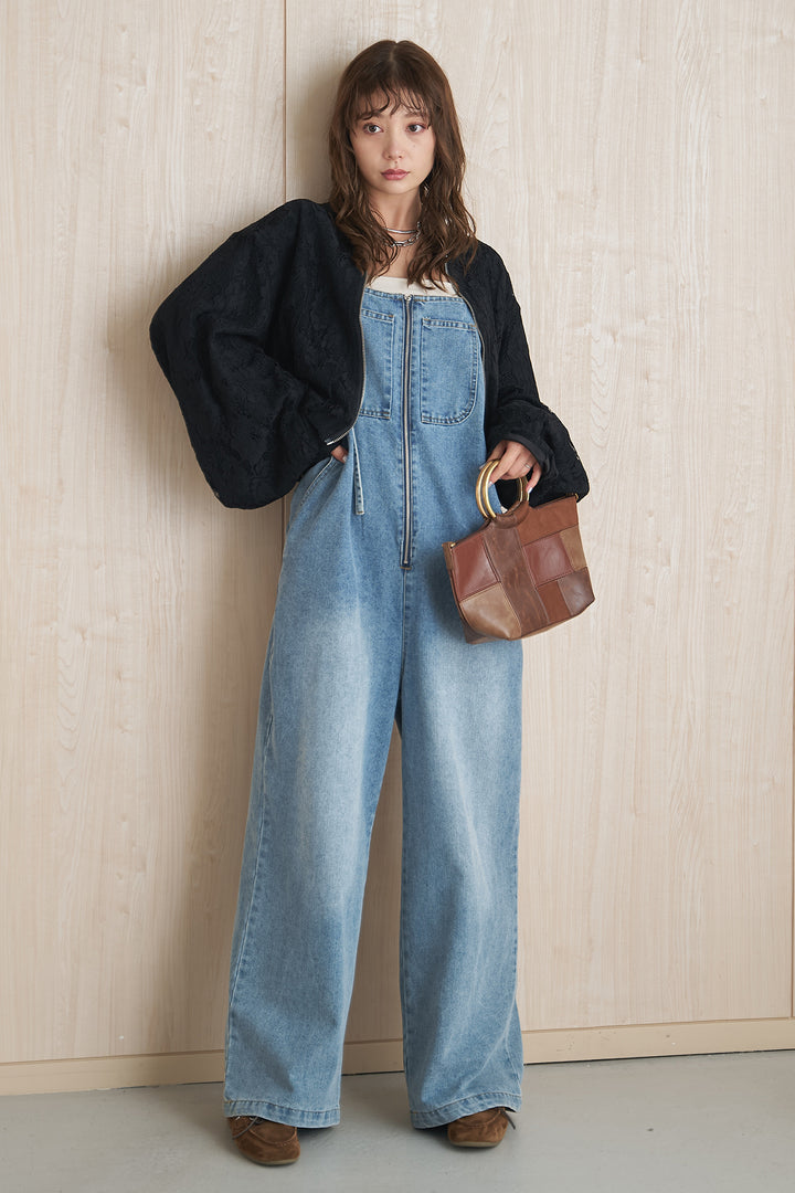 [SET]レース刺繍ジップブルゾン+フロントジップストラップデザインデニムサロペット(2set)