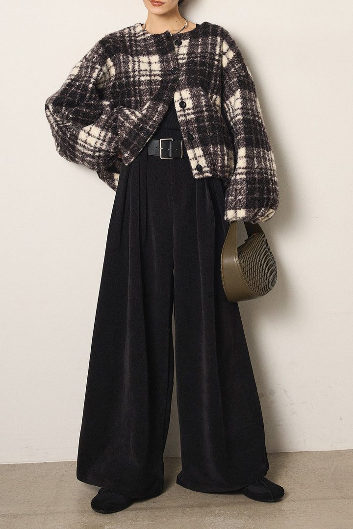 [SET]ノーカラーチェック柄ボアブルゾン+ベルトループコーデュロイワイドパンツ(2set)