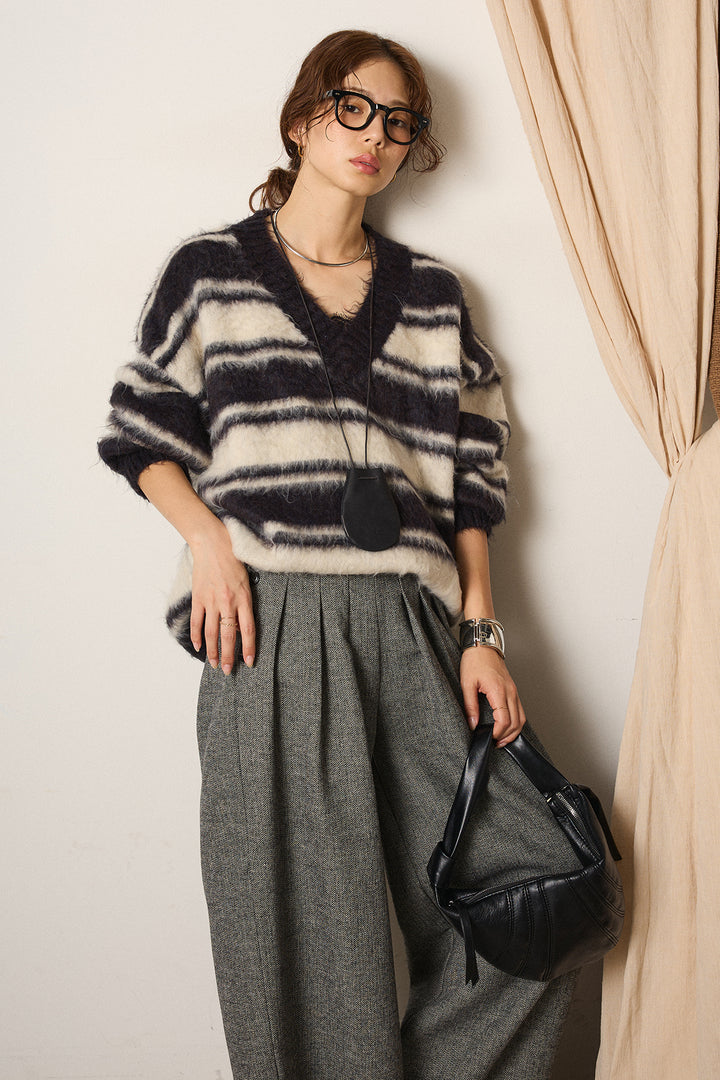 [SET]ルーズVネックボーダーニットトップス+サイドボタンツイードタックパンツ(2set)