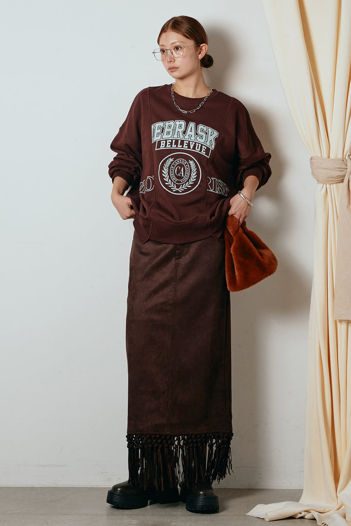 [SET]裏毛カレッジプリントプルオーバー+スウェードライク裾フリンジスカート(2set)