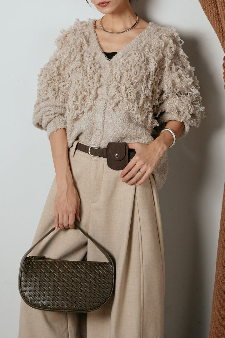 [SET]ループ編みVネックニットカーディガン+ポーチベルト付きカーブパンツ(2set)