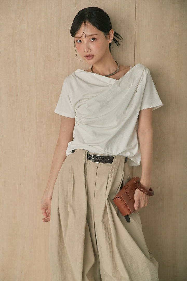 [SET]綿天竺半袖オフショルTシャツ+ニーサイドタックボリュームカーブパンツ(2set)