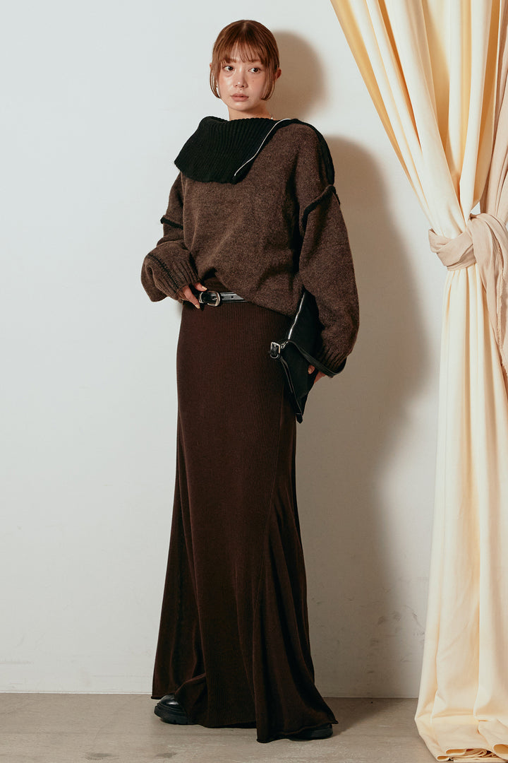 [SET]ハイネックジップデザインニットトップス+サイド切り替えリブニットロングスカート(2set)
