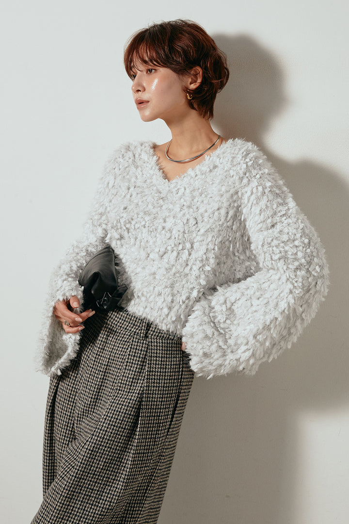 [SET]深Vネックチョウチョヤーンニットトップス+ガンクラブチェックタックパンツ(2set)