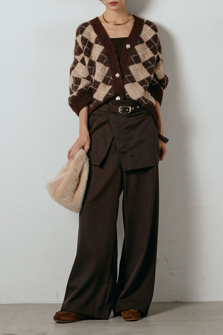 [SET]オーバーサイズ総柄Vネックニットカーディガン+ベルト付きウエストデザインパンツ(2set)