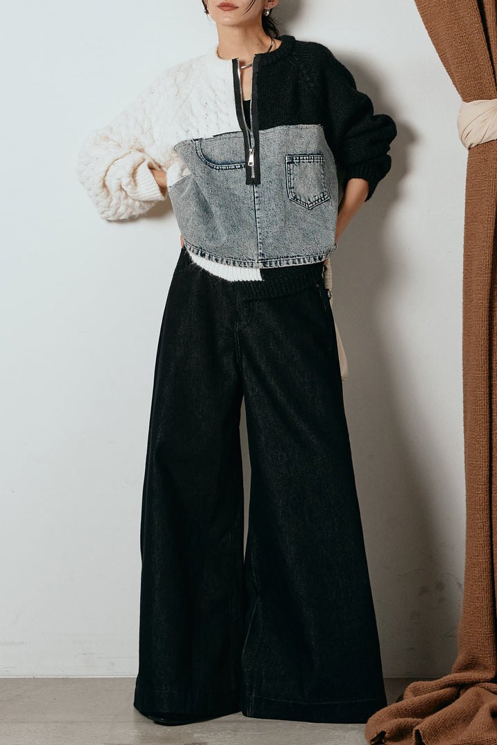 [SET]ハーフジップニットデニムドッキングトップス+ウエストダブルボタンワイドデニムパンツ(2set)