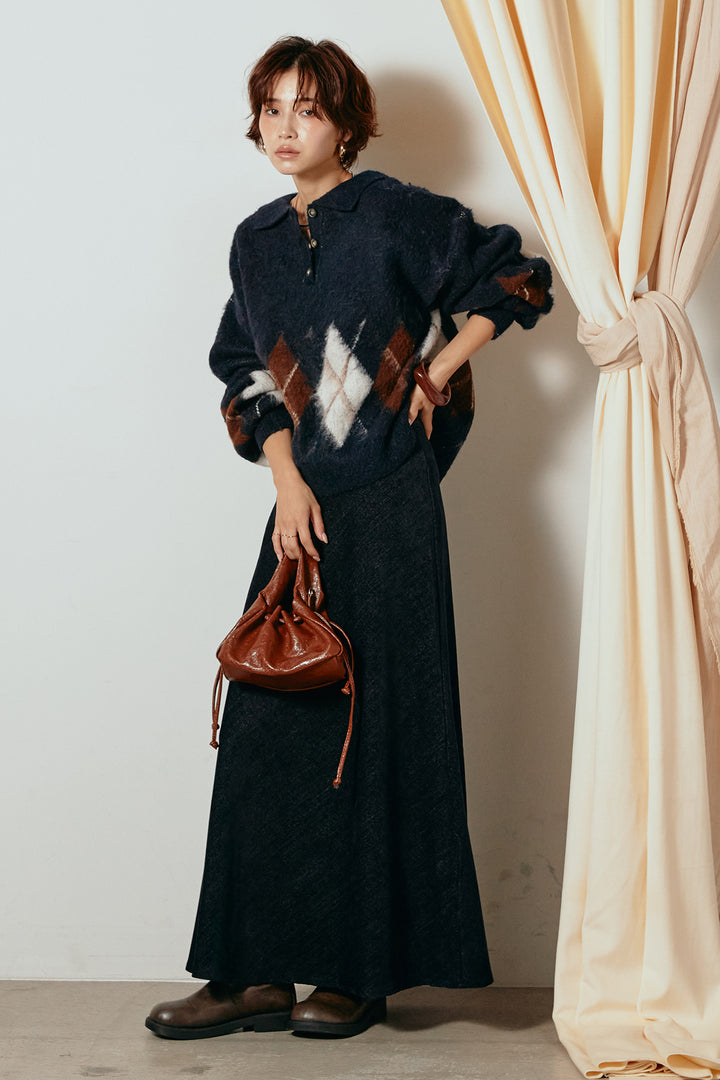 [SET]アーガイル柄ポロニットトップス+スウェードライクロングスカート(2set)