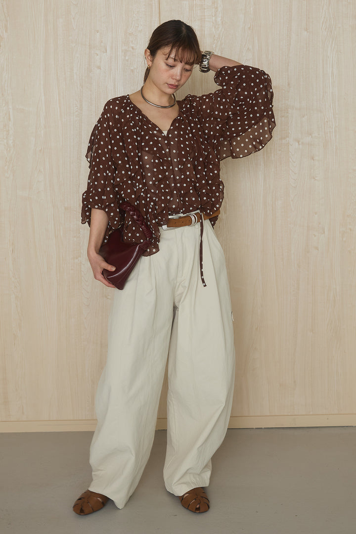 [SET]ドットフリル長袖ブラウス+コットンポリツータックセンターシームカーブパンツ(2set)