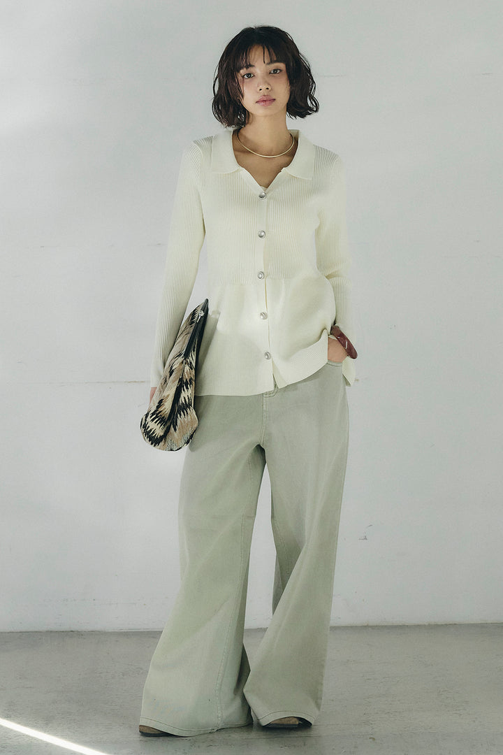 [SET]スキッパーペプラムニット+ウエスト裁ち切りデニムワイドパンツ(2set)